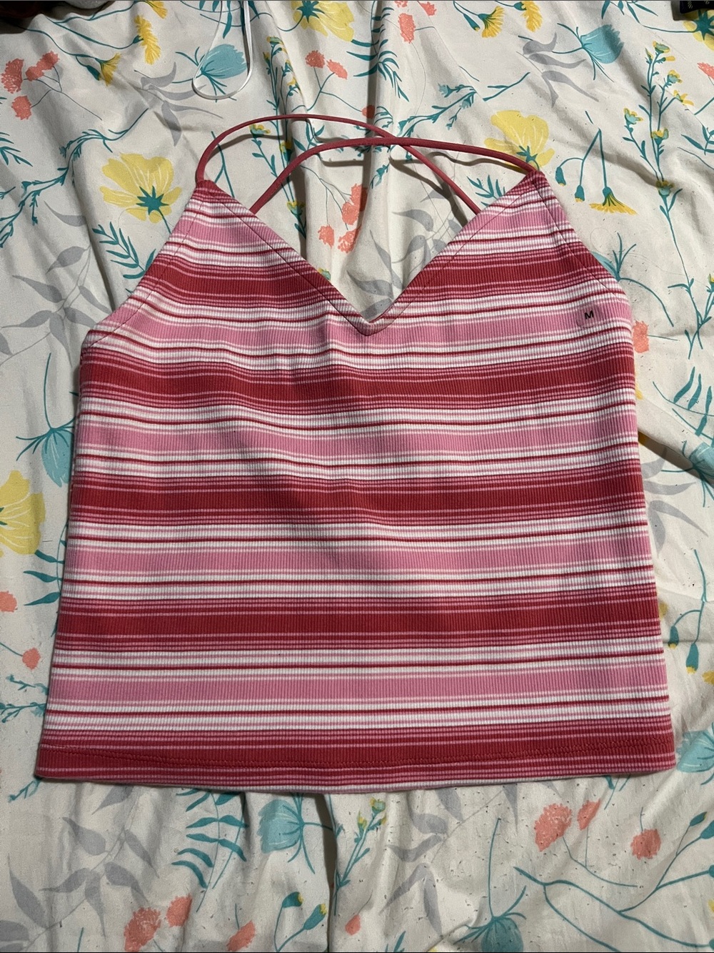 American Eagle Medium Striped Pink Red V-Neck Spaghetti Strap Women's Tank Top